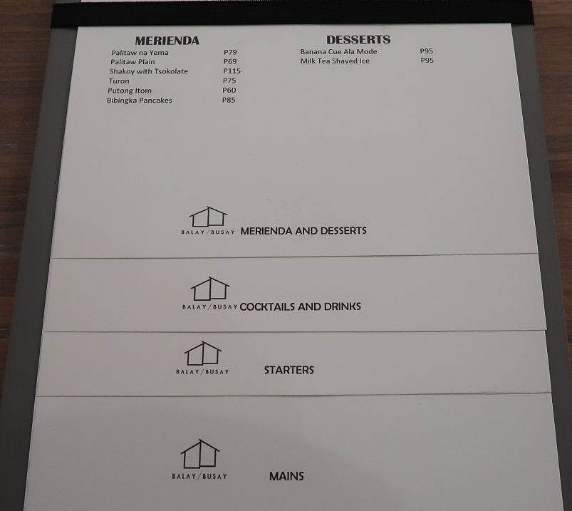 Balay sa Busay Menu
