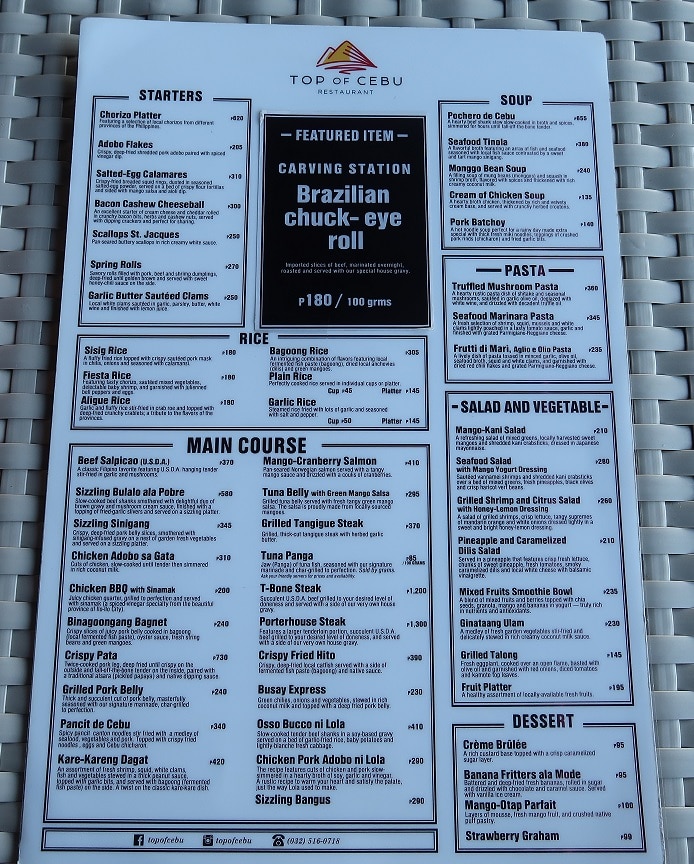Tops of Cebu Restaurant menu